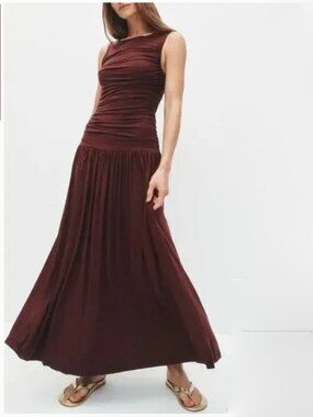 Summer Away Patmos Dress Sleeveless Ruched Drop Waist Maxi Dark Walnut Brown XS